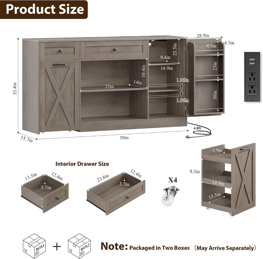 HOSTACK 59" W Kitchen Buffet Cabinet with Storage, Coffee Bar Cabinet, Grey
