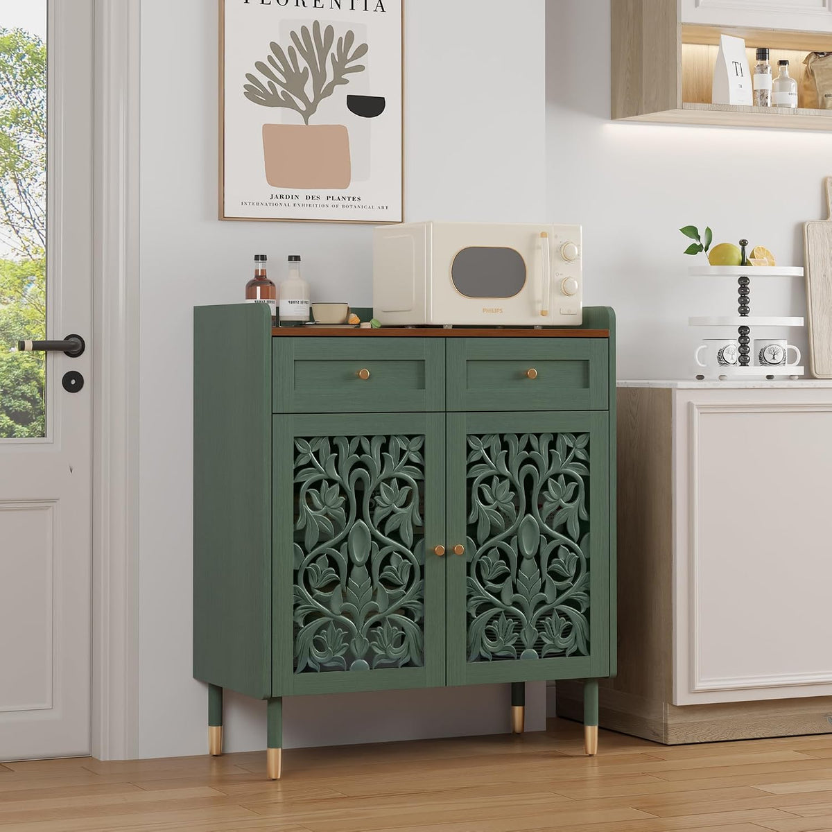 3More 2 Door Retro Carving Sideboard Buffet Cabinet with 1 Drawer, Green