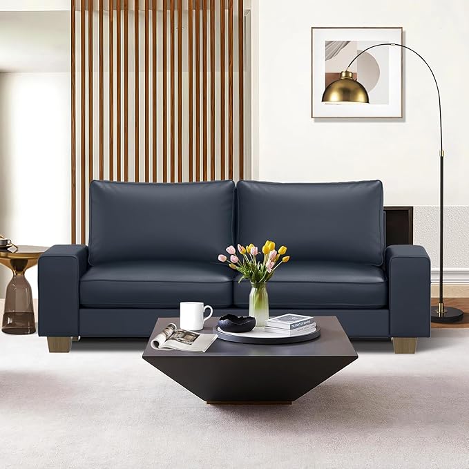 Faux Leather Couch, Mid Century Modern Comfy Loveseat Sofa with Wide Arm, Side Pockets, Solid Wooden Frame for Office, Living Room and Bedroom, 2 Seater (Blue, 71.25 inches)