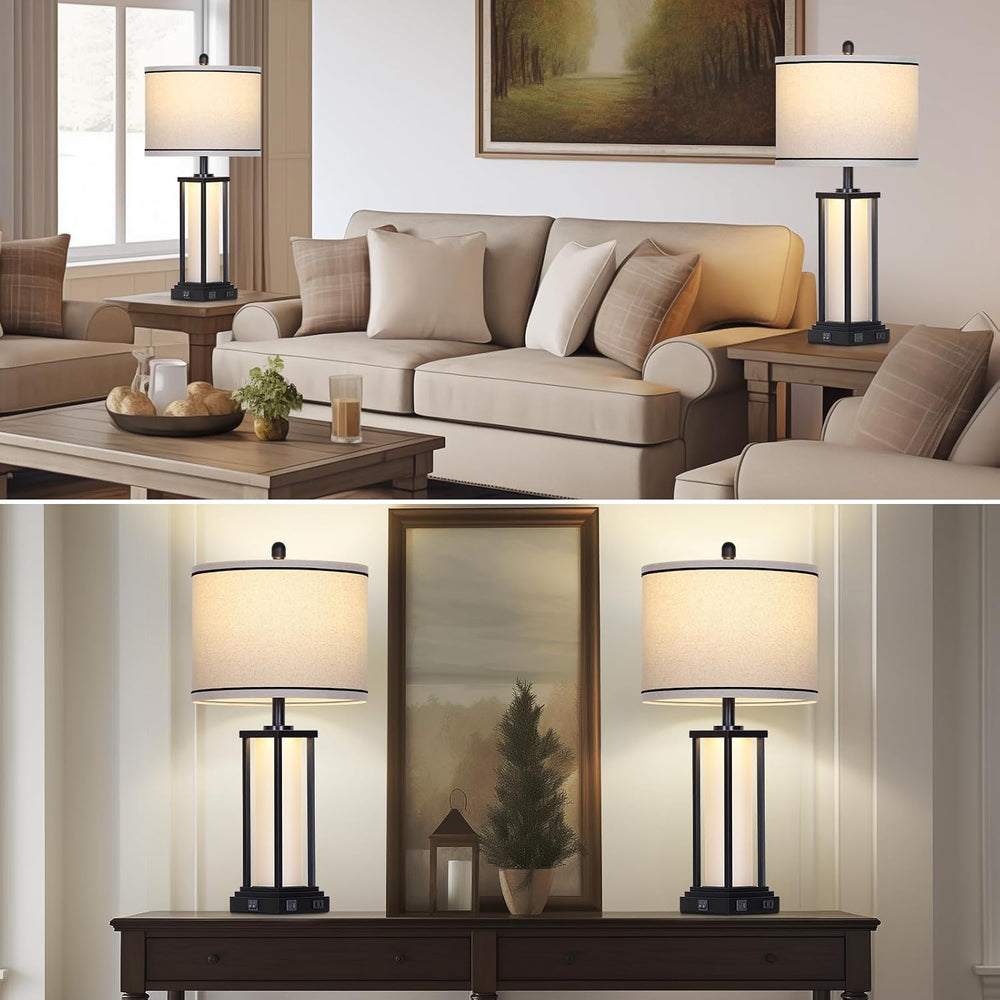 27" Tall Vintage Table Lamp Set of 2 with USB C+A & Outlet,Black Ind...