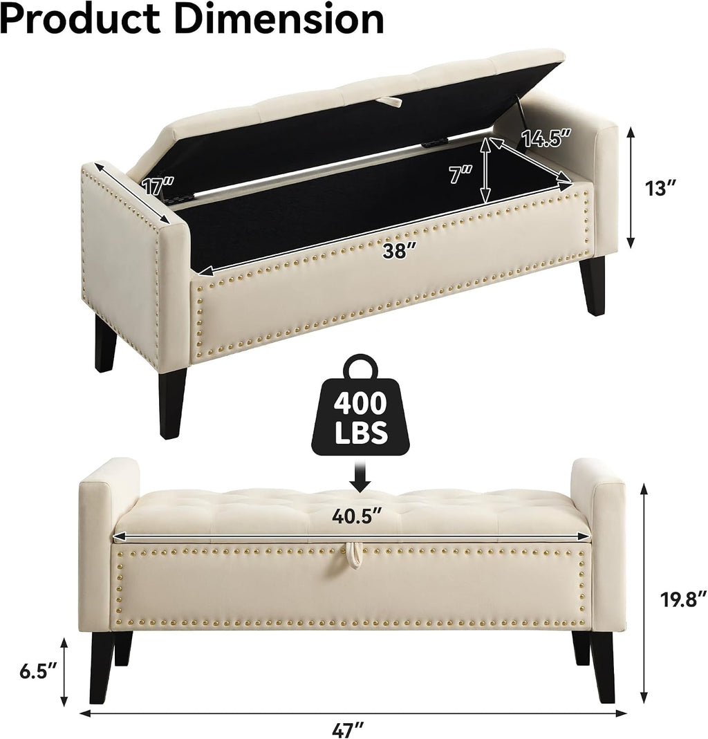 WUTUTUEE 47" Velvet Storage Bench, Upholstered Bed Bench with Storage, End of Bed Ottoman with Wooden Legs,Bedside Storage Bench for Bedroom, Living Room, or Entryway, Beige