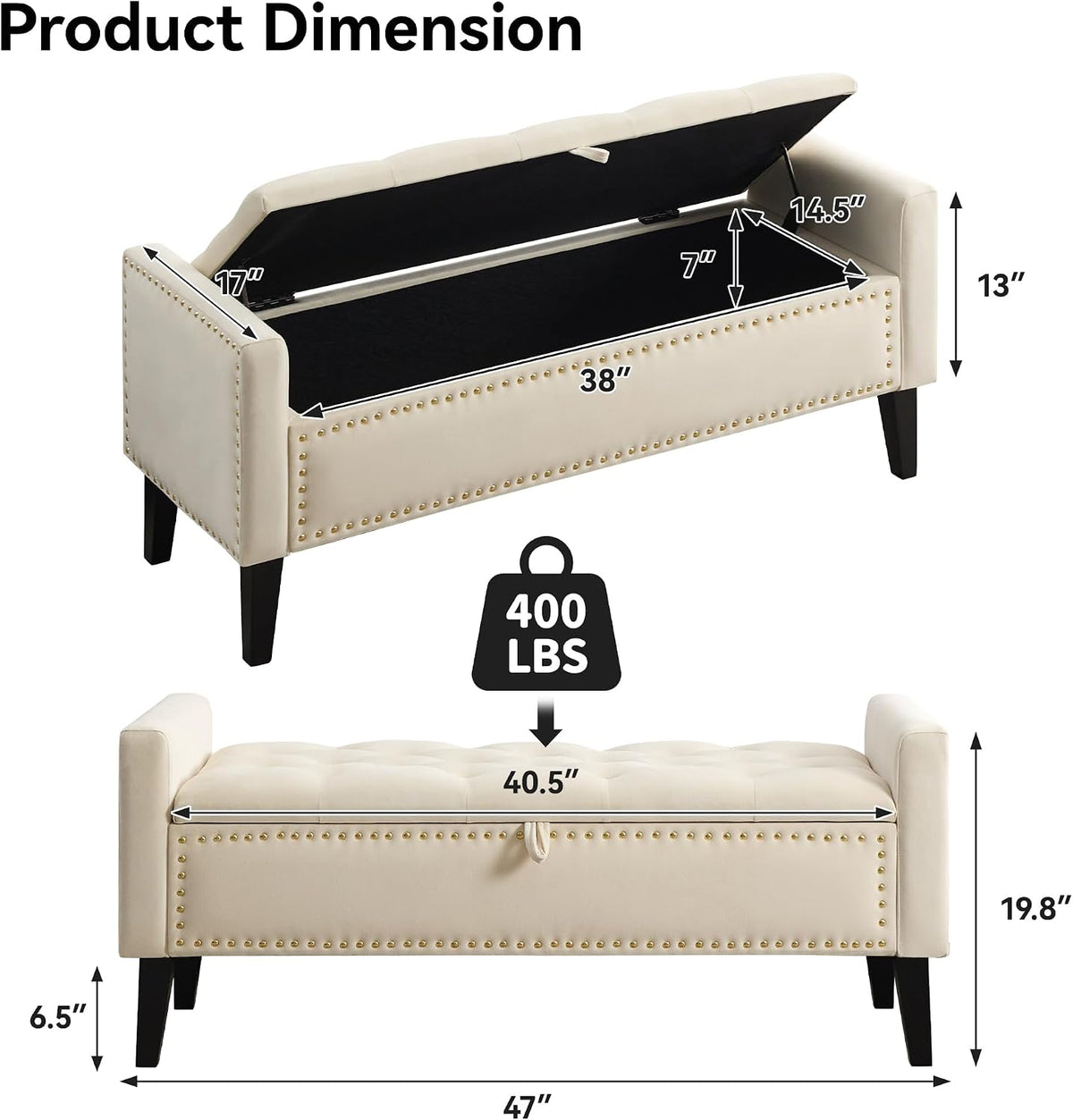 WUTUTUEE 47" Velvet Storage Bench, Upholstered Bed Bench with Storage, End of Bed Ottoman with Wooden Legs,Bedside Storage Bench for Bedroom, Living Room, or Entryway, Beige