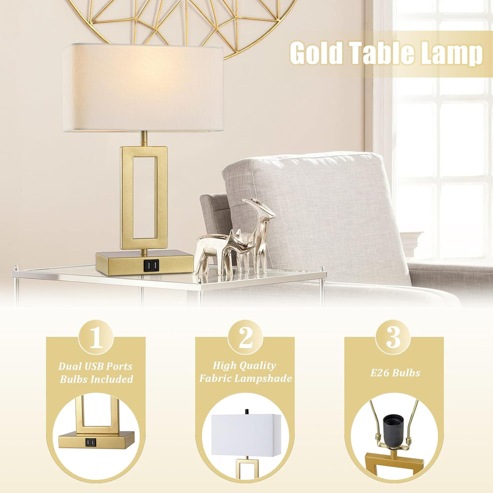 gernehop Gold Table Lamps Set of 2 with Dual USB Ports,3-Way Dimmable Touch C...