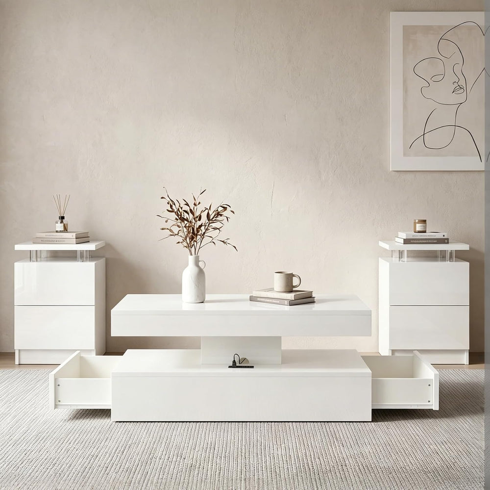 3-Piece Modern Living Room Table Set, White & White