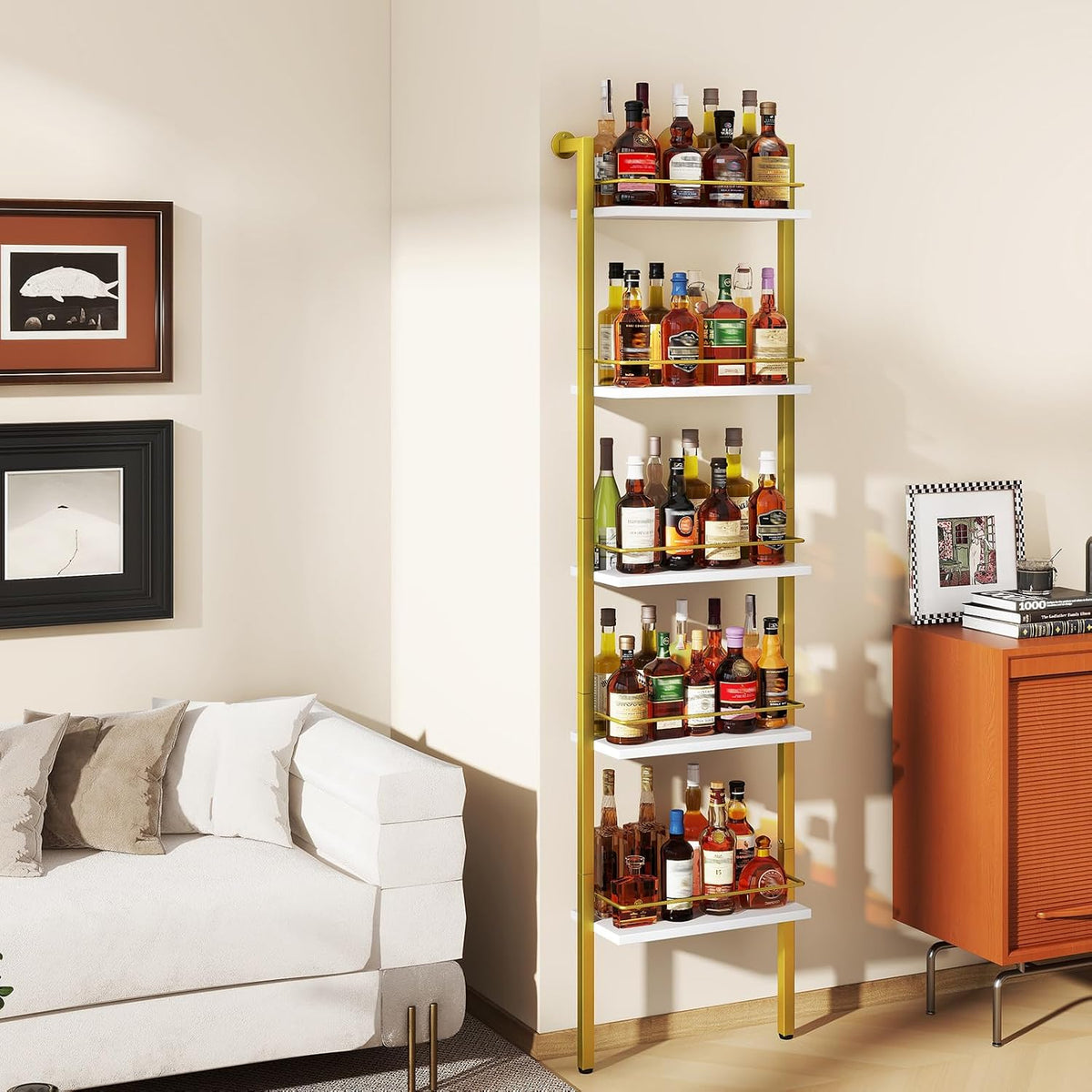 YMYNY 5-Tier Wall Mounted Wine Racks 16.93x7.87x69.68 White & Gold HWR001G | With Fences, Wall Mounted Floating Shelf, Bottles Holder, Liquor Cabinet Storage 16.93" L x 7.87" W x 69.68" H for Kitchen