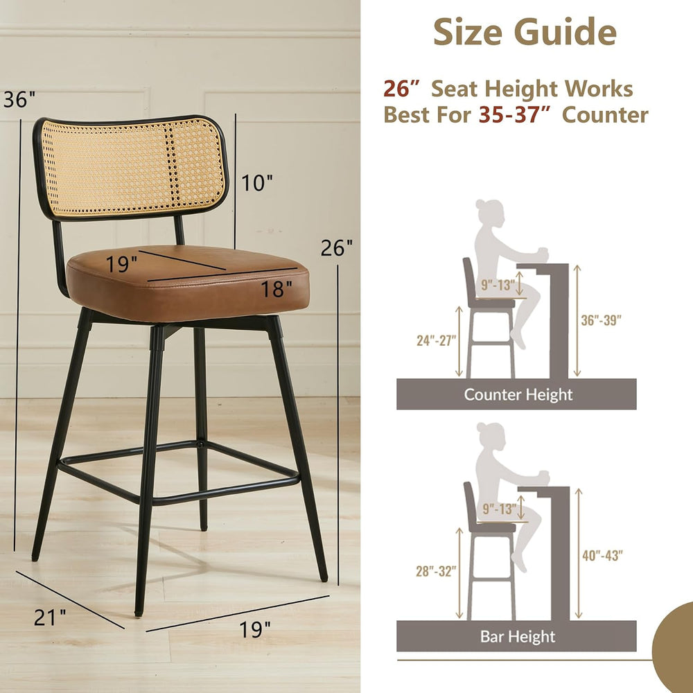 Rattan Bar Stools Set of 3, Swivel Counter Height, Brown