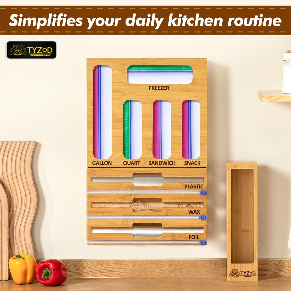 9-in-1 Bamboo Storage Bag Organizer with Cutter, Kitchen Drawer & Wall Mo...