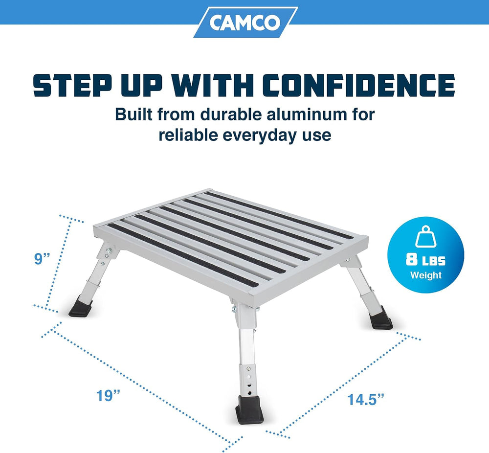 Camco Folding Aluminum Step Stool, Adjustable Height for RV and Trailers, Sil...