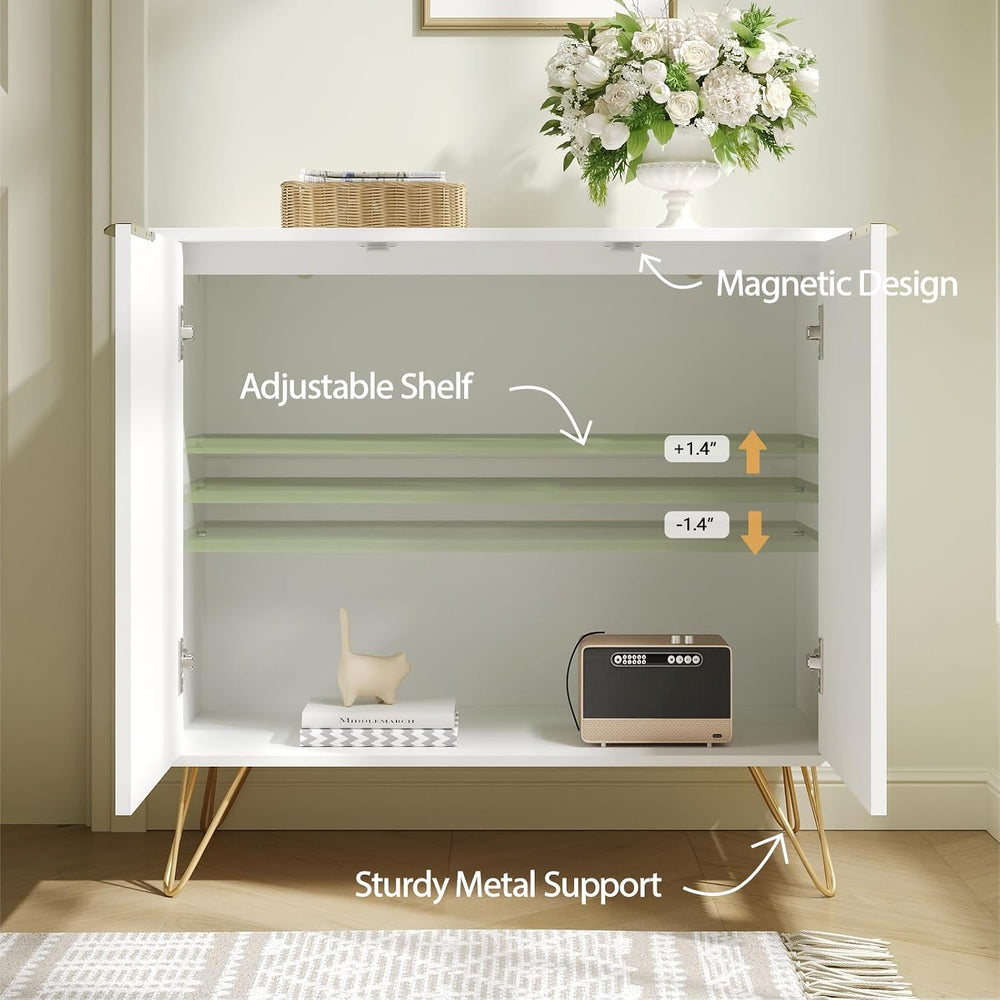 Storage Cabinet with 2 Fluted Doors and Adjustable Shelves, White丨Modern Wood...