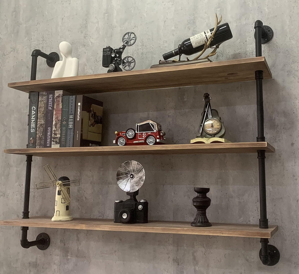 HDDFER Pipe Shelves Industrial Pipe Shelving Shelves Real Wood Industrial Flo...
