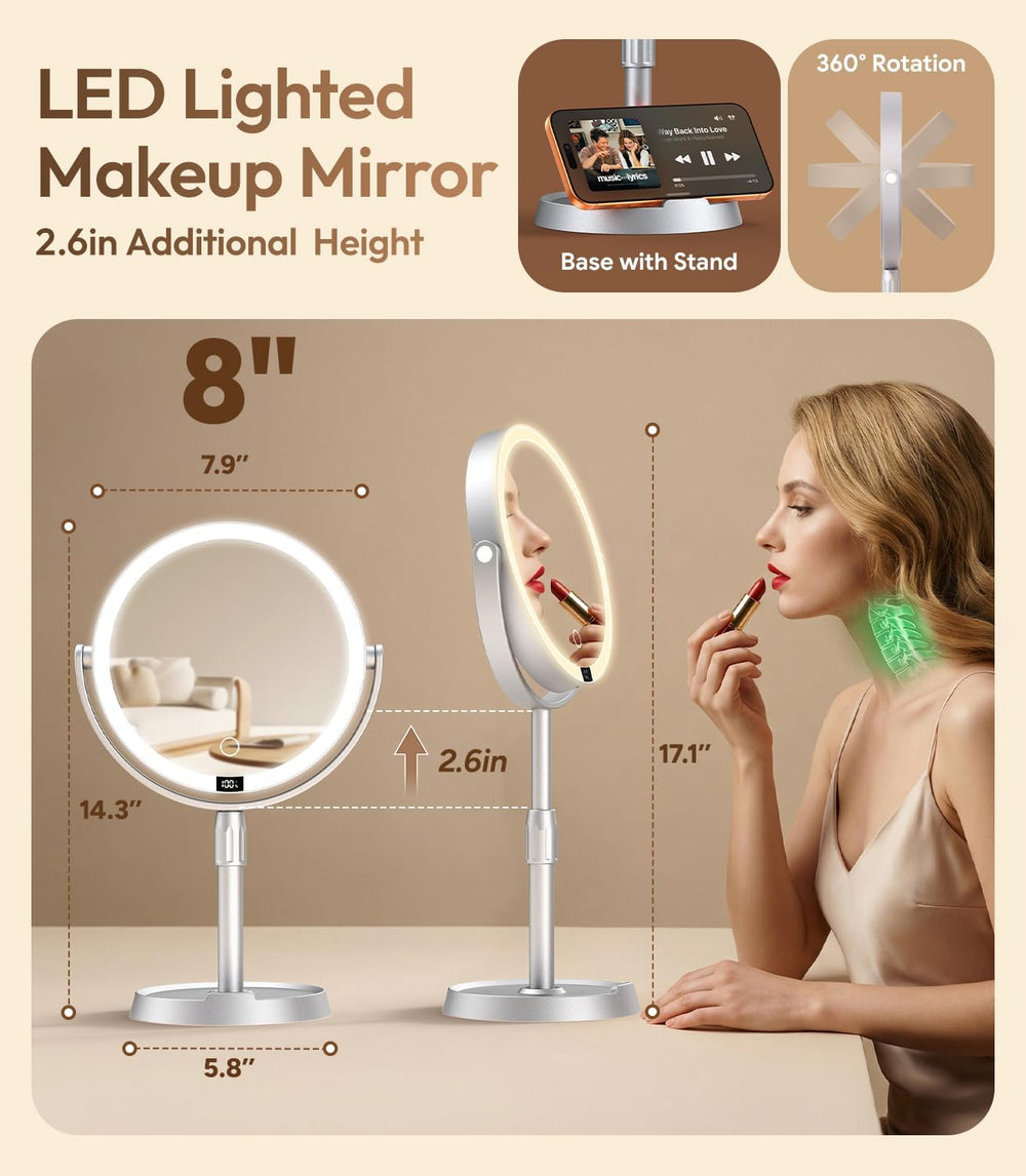 8" ABS Lighted Makeup Mirror with Lights, 20X Magnifying Mirror with Light