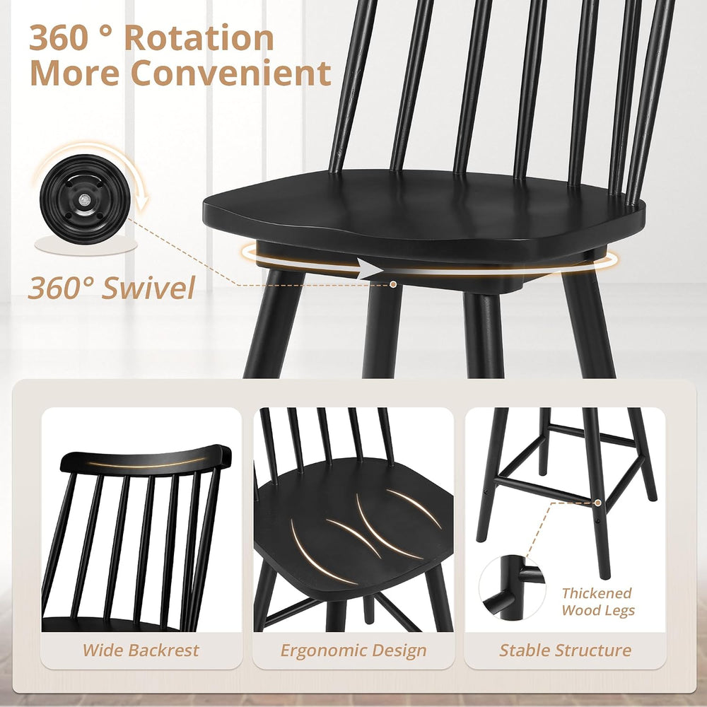 LUE BONA 360° Swivel Bar Stools Set of 2, Black Windsor Barstools, Counter He...