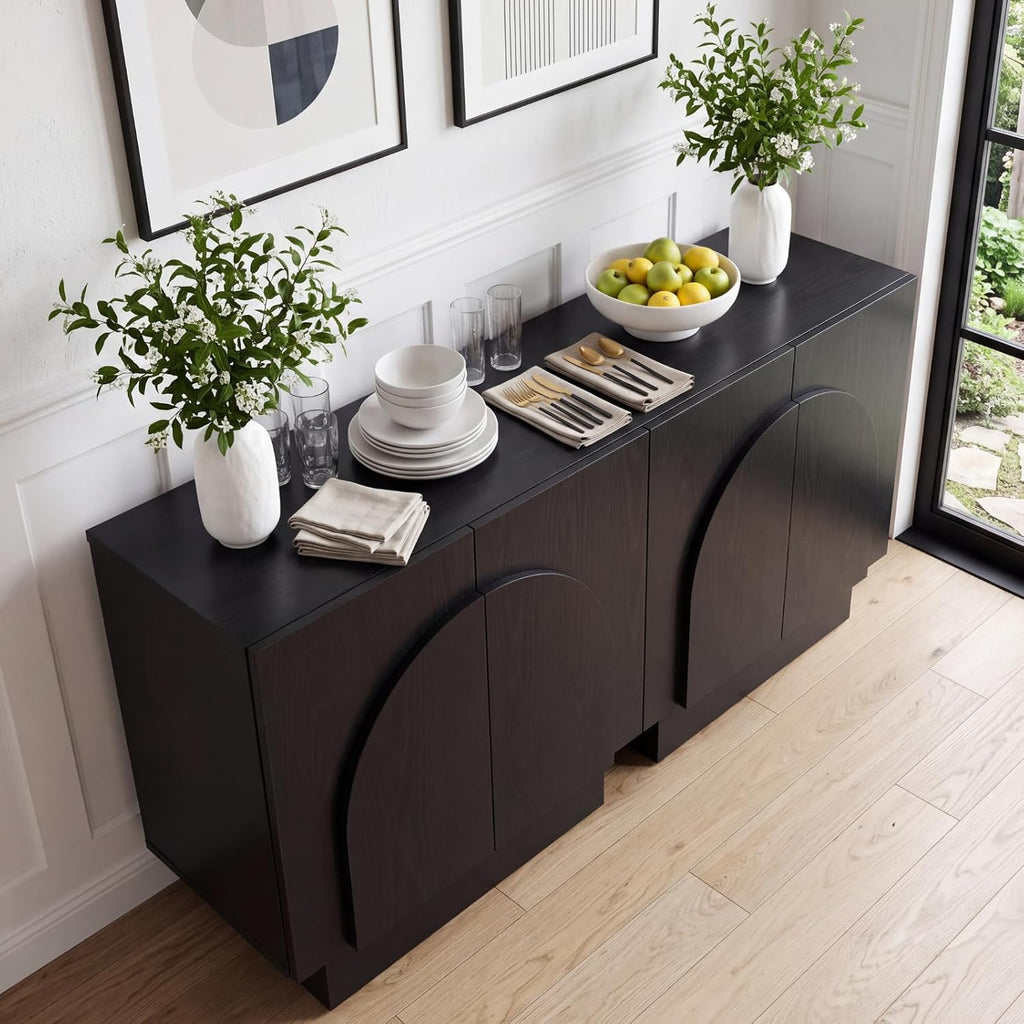 Ya-Home Black Sideboard Buffet Cabinet with Storage, 31.5” Modern Sideboard Cabinet with Arched Doors & Shelf, Farmhouse Accent TV Station Media Console Credenaza for Living Room Entryway