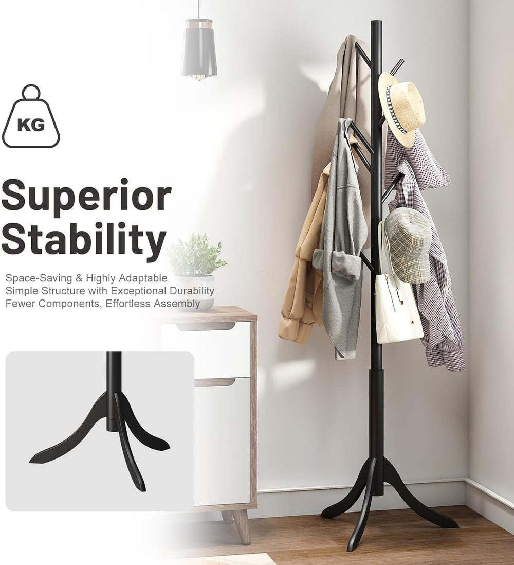 kiplant Black Coat Rack Stand, Bamboo Wood Freestanding Coat Tree with 8 Hook...