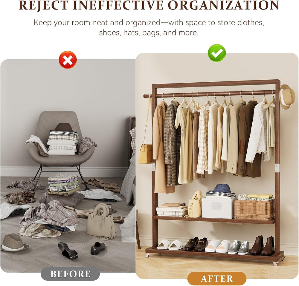 Wood Clothing Rack Solid Wood Clothes rack with Wheels 2 Shelves