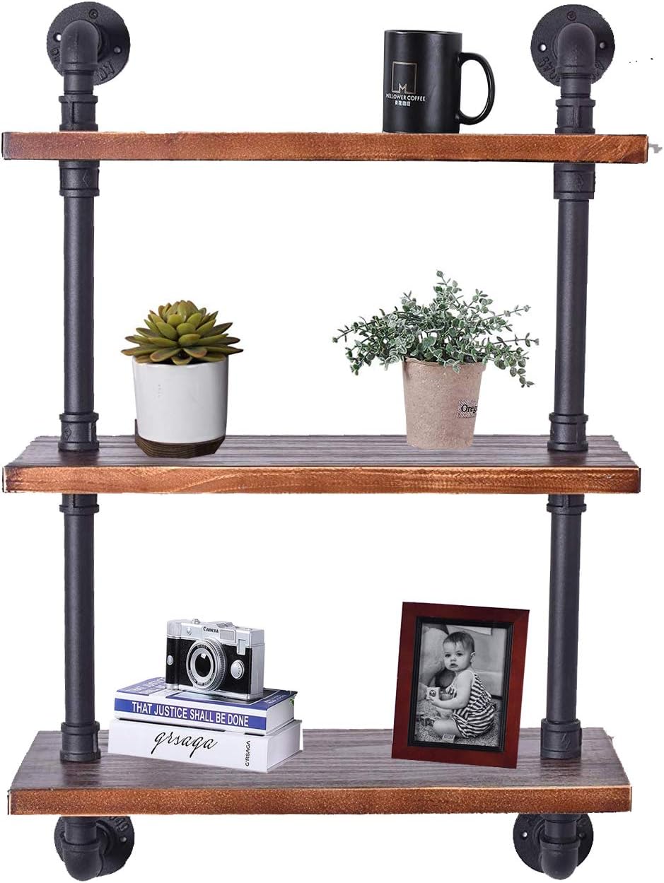 Industrial Pipe Shelving Bookshelf Rustic Modern Wood Ladder Storage Shelf 3 ...