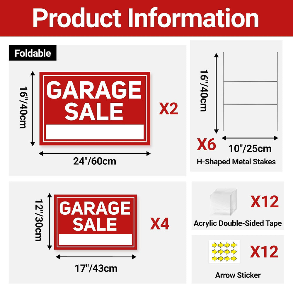 6 Pcs Garage Sale Signs with Stakes, 2 Foldable Extra-Large Garage Sale Signs...