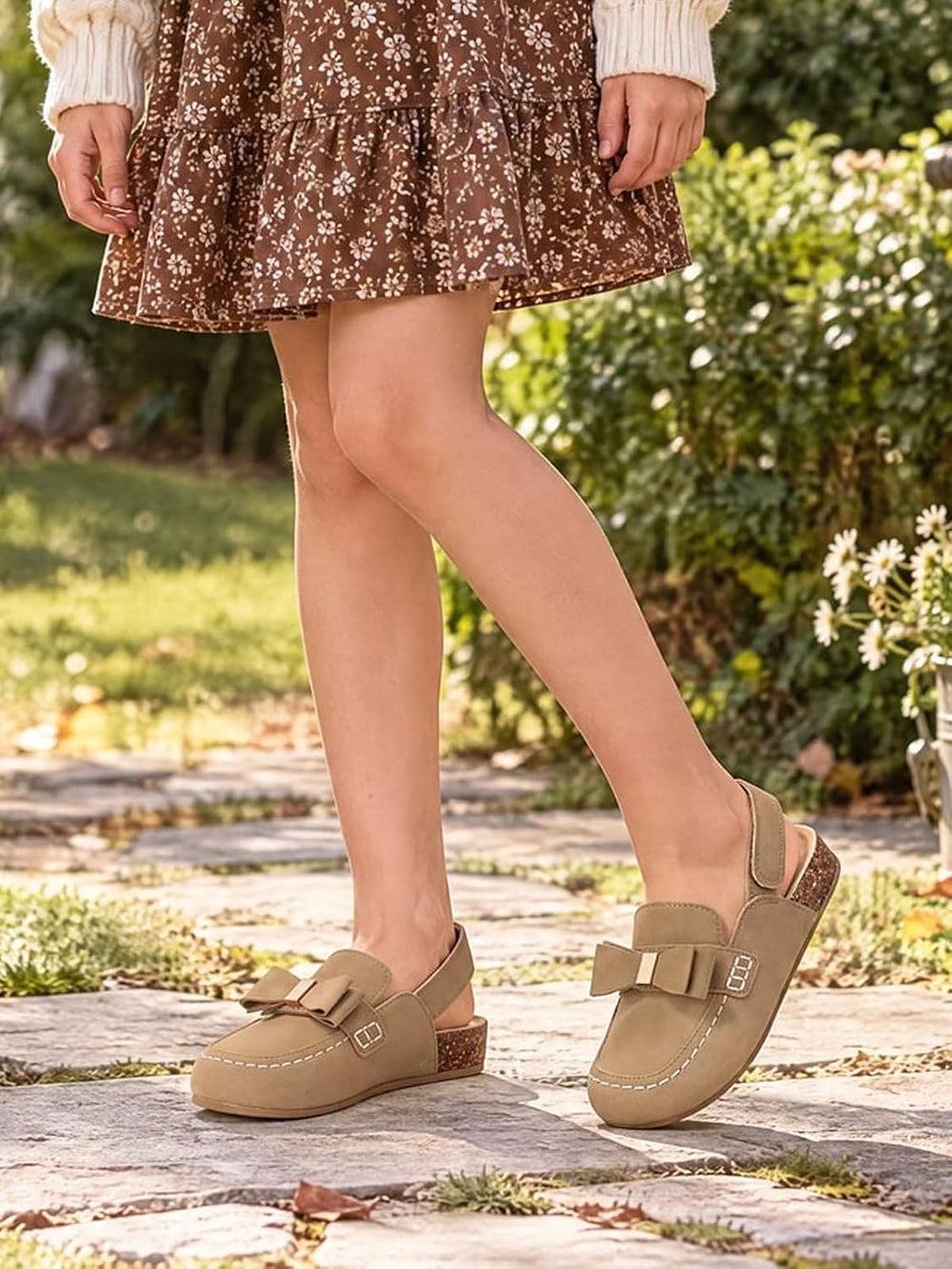 Coutgo Suede Clogs for Girls Bow Cork Footbed Comfortable Slip On Mules