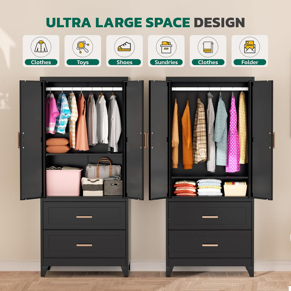 Greenvelly Metal Armoire Wardrobe Closet with 2 Drawers, 18" Deep Metal ...