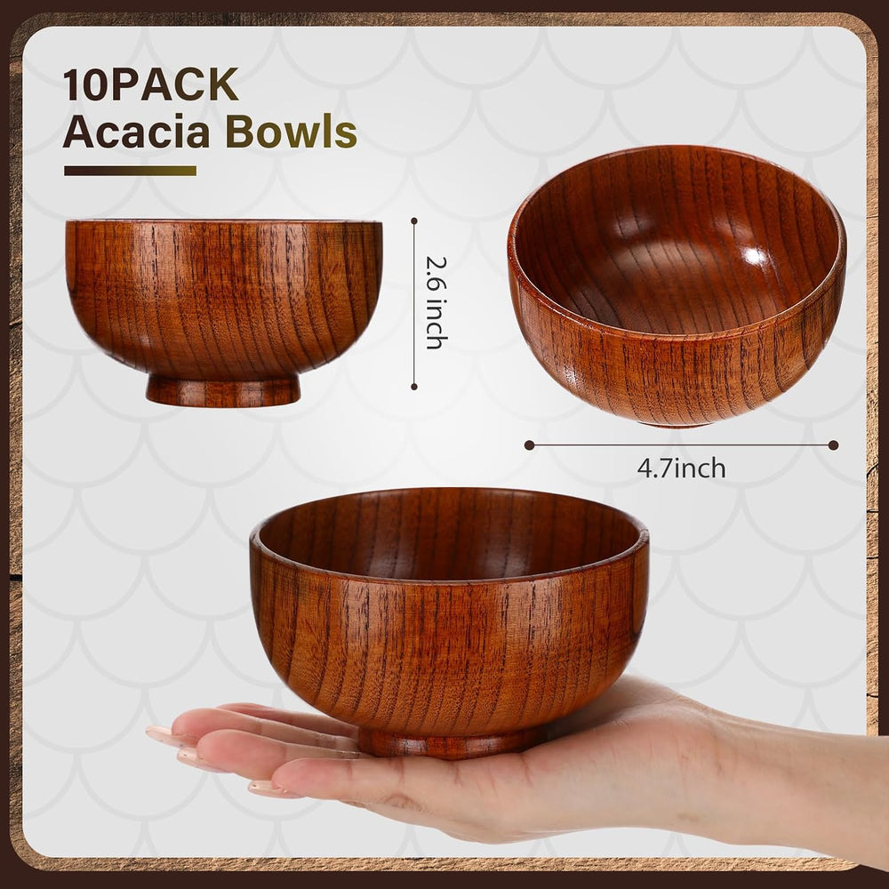 Reallnaive 10 Pcs Jujube Wood Round Small Soup Serving Bowls,4.7 Inch