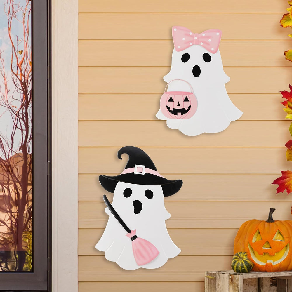 Glitzhome Halloween Ghost Yard Sign Set of 2, Cute Outdoor Ghost with Witch B...