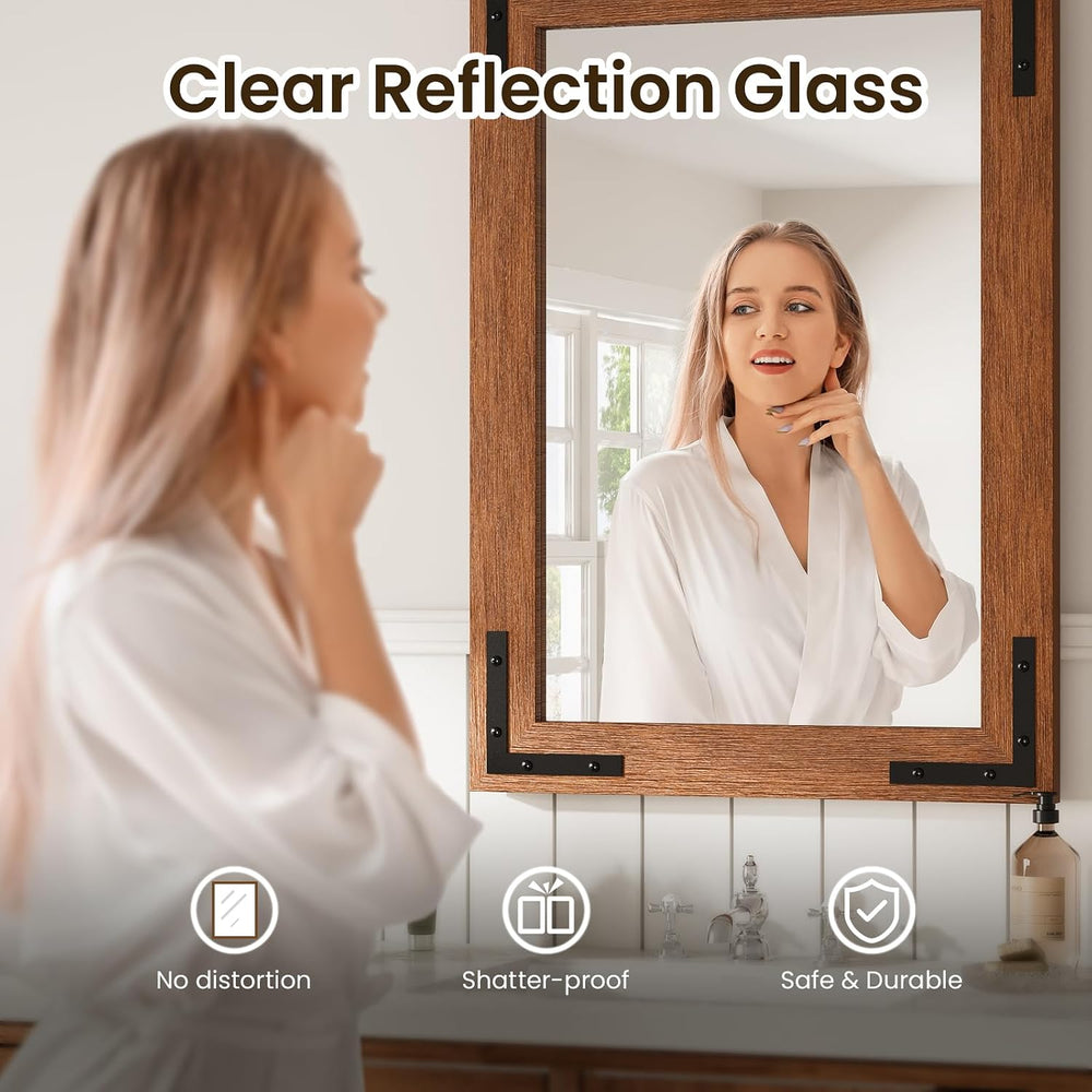 Farmhouse Bathroom Mirror,20"x28" Brown Wood Rectangle Wall Mirror