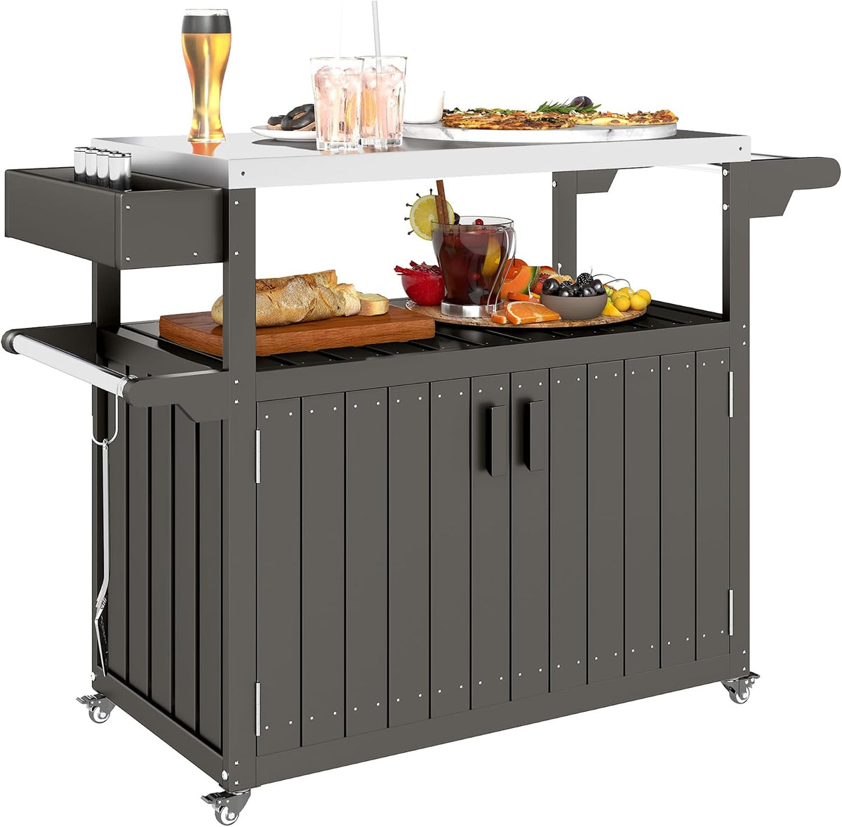Outsunny Outdoor Bar Cart with Storage Cabinet Kitchen Island Dark Gray