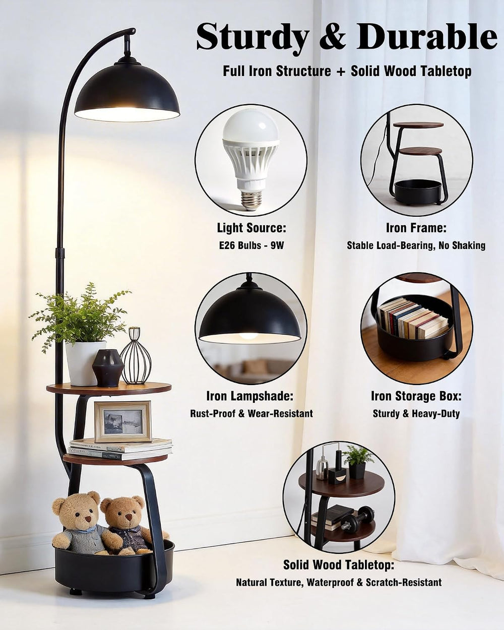 Smart Floor Lamp with Side Table, Dimmable, for Living Room