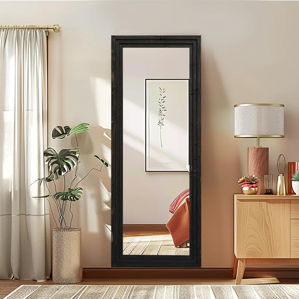 58x22in Full Length Mirror, 3-Tier Stepped Solid Wood Frame, Black