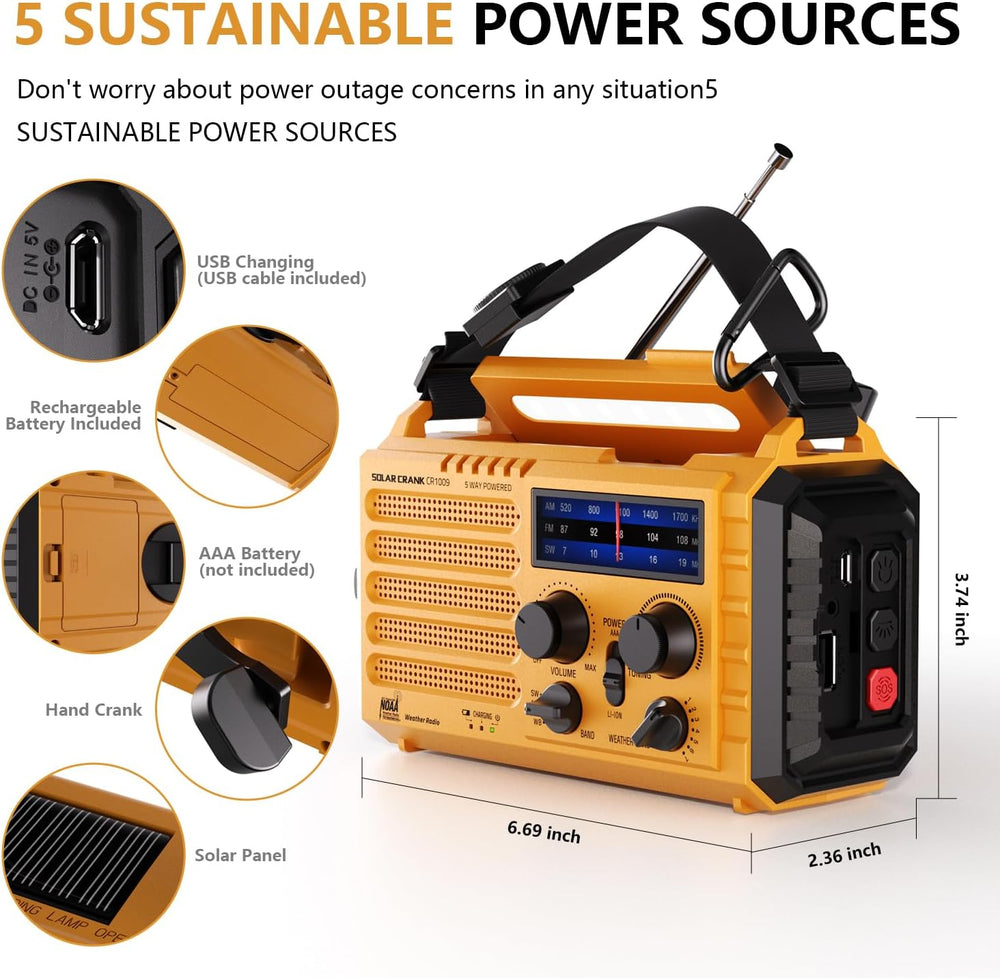 Emergency Weather Radio, Portable Solar Hand Crank Radio with NOAA/AM/FM/SW