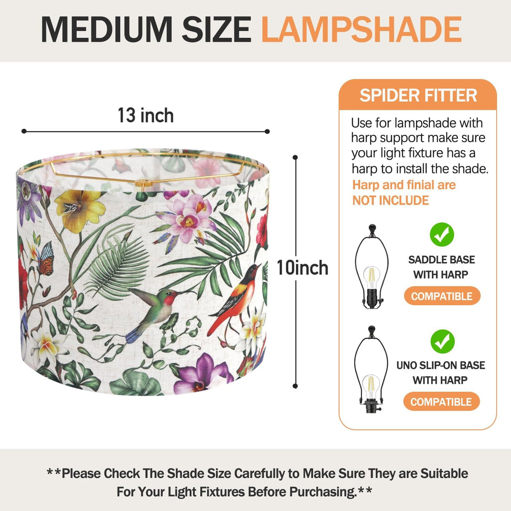 Drum Lampshades, Print Floral Linen Lamp Shade with Golden Frame