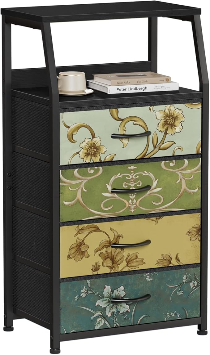 Furnulem Retro Dresser for Bedroom, Small Dresser for Closet, Vintage Nightstand with 4 Drawers, Fabric Storage Organizer Bedside Table Side Furniture, Metal Frame, Wood Top
