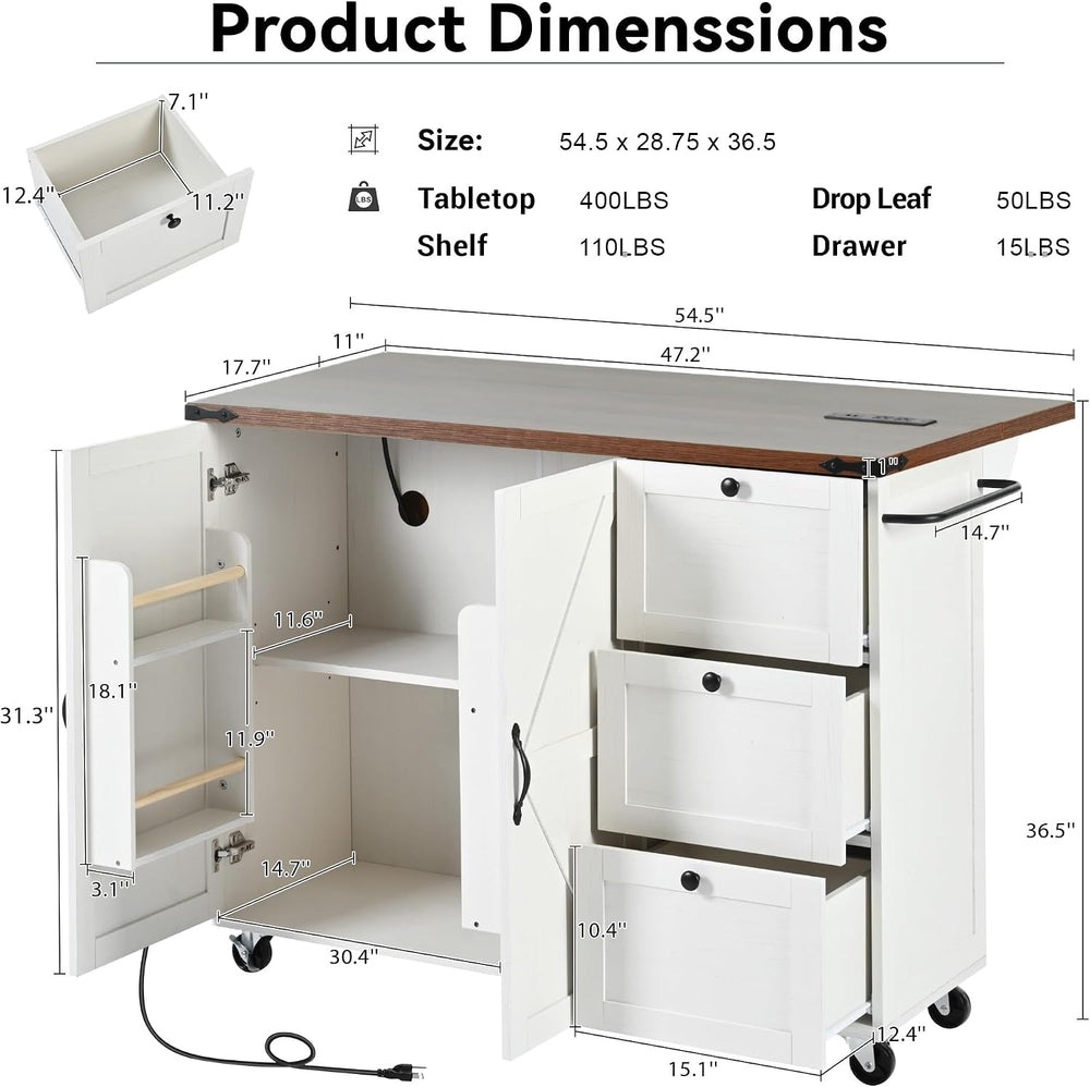 54.5" Farmhouse Kitchen Island with Power Outlet, White