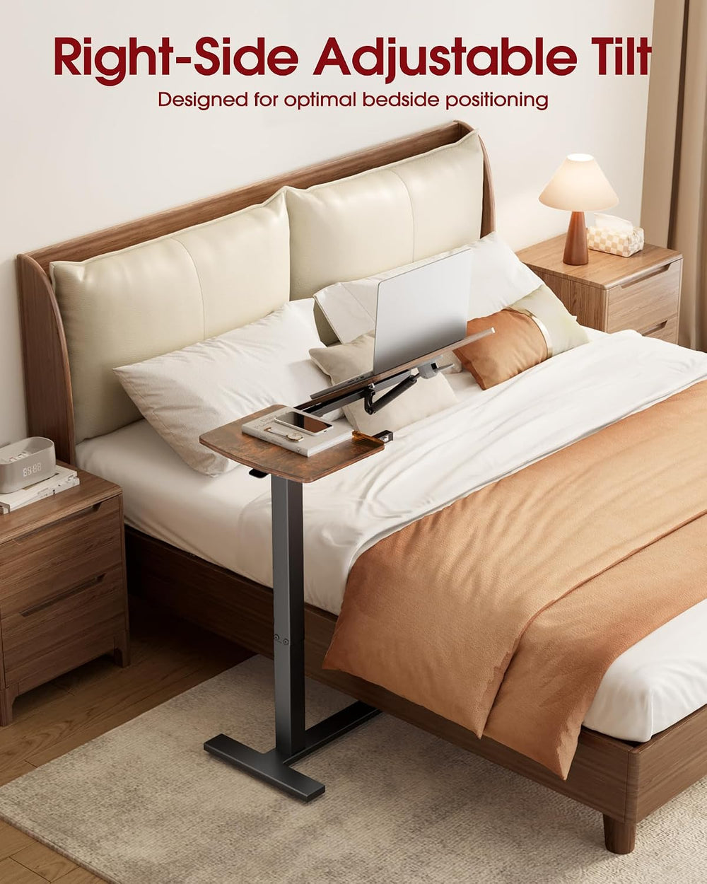 Sakugi Overbed Bedside Table with Wheels, Right-Side Tilt Top, 29.1"–39&...