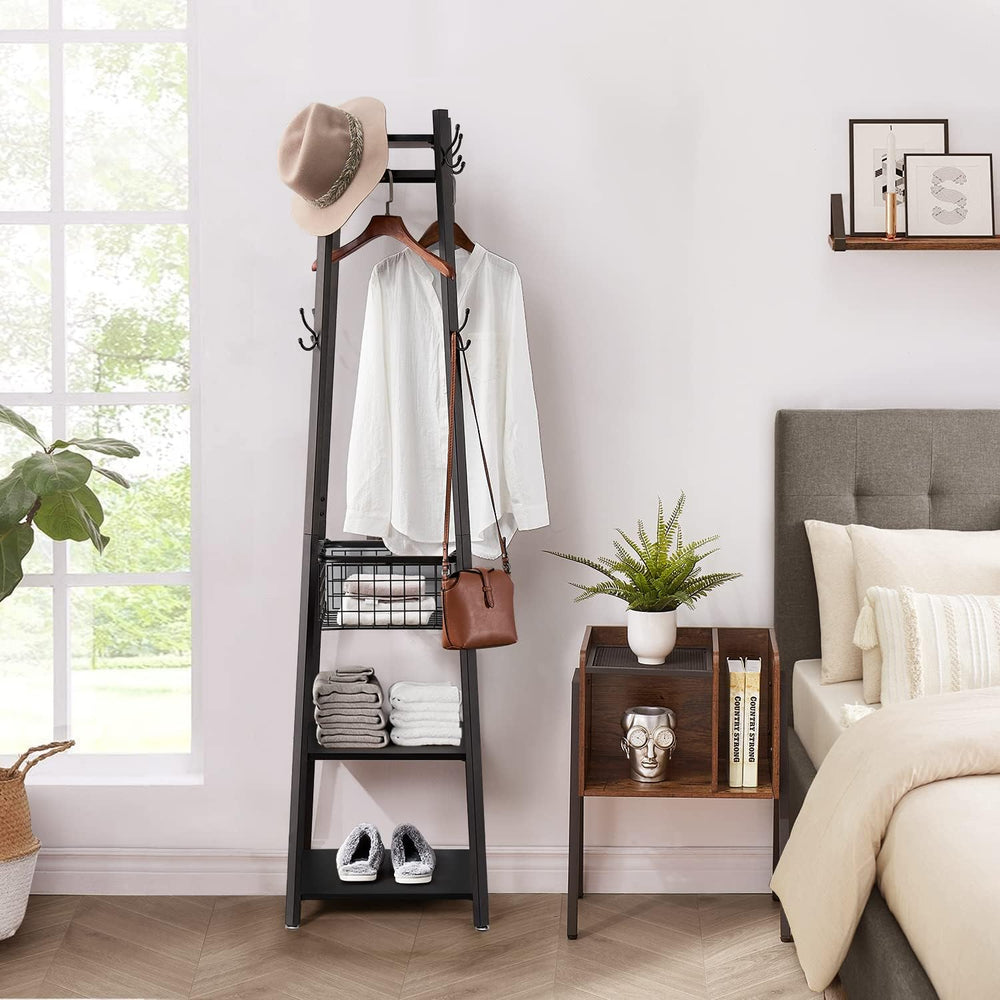 VECELO Coat Rack Freestanding,Hall Tree with Metal Basket and Storage Shelves...