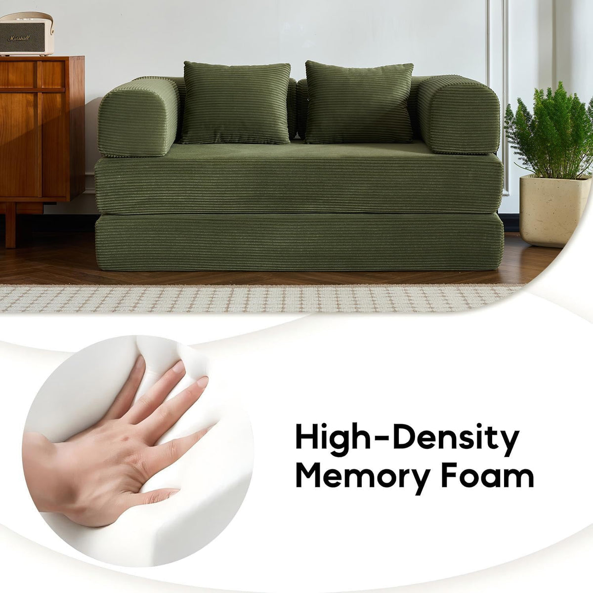 59" Convertible Floor Sofa Bed, Couches for Living Room, Green | Corduroy Loveseat Sleeper Floor Sofa, Modular Sectional Sofa, Futon Couch, Pull Out Couch, No Assembly Required