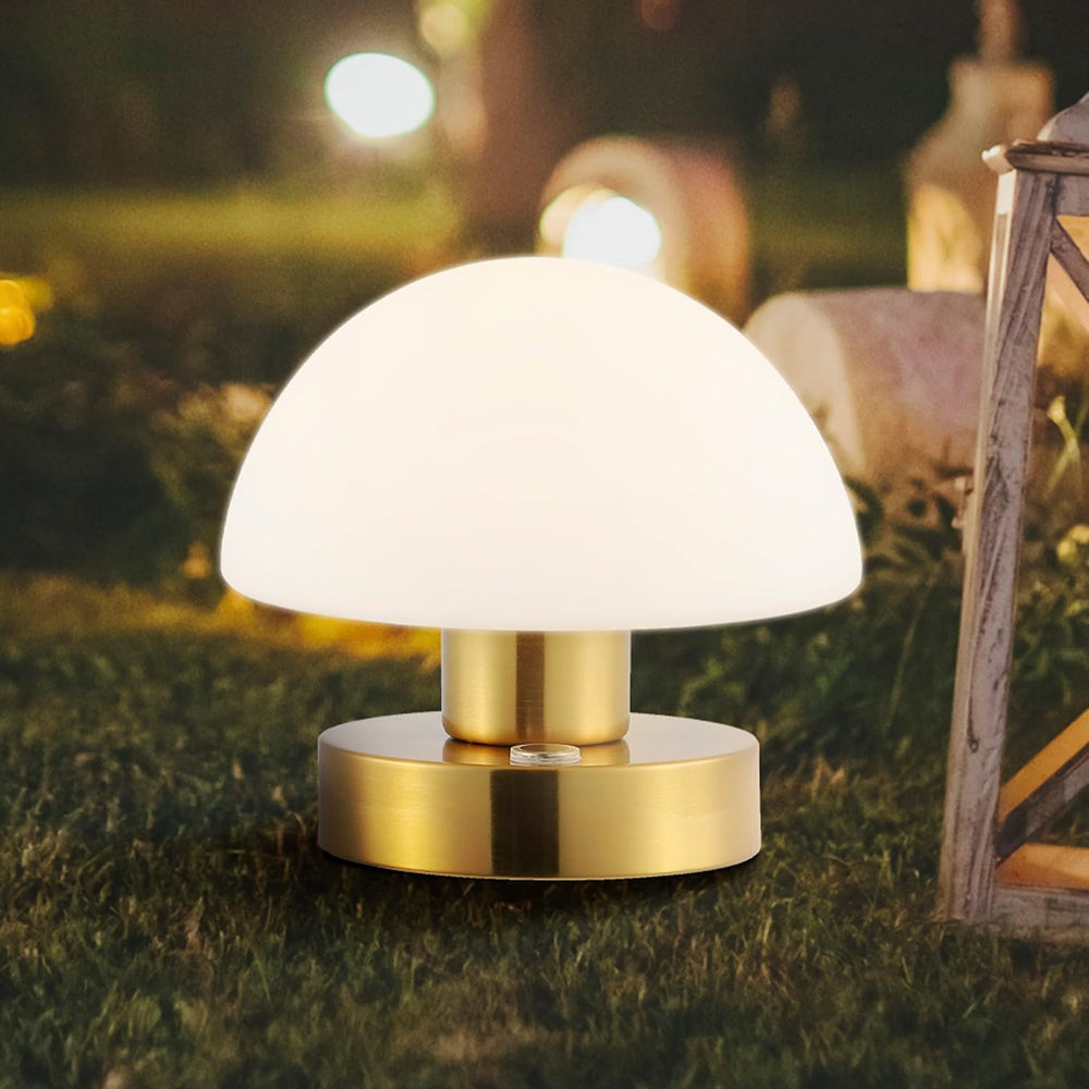 JONATHAN Y Zoe 5.75" Rechargeable Mushroom LED Lamp, Brass Gold/White