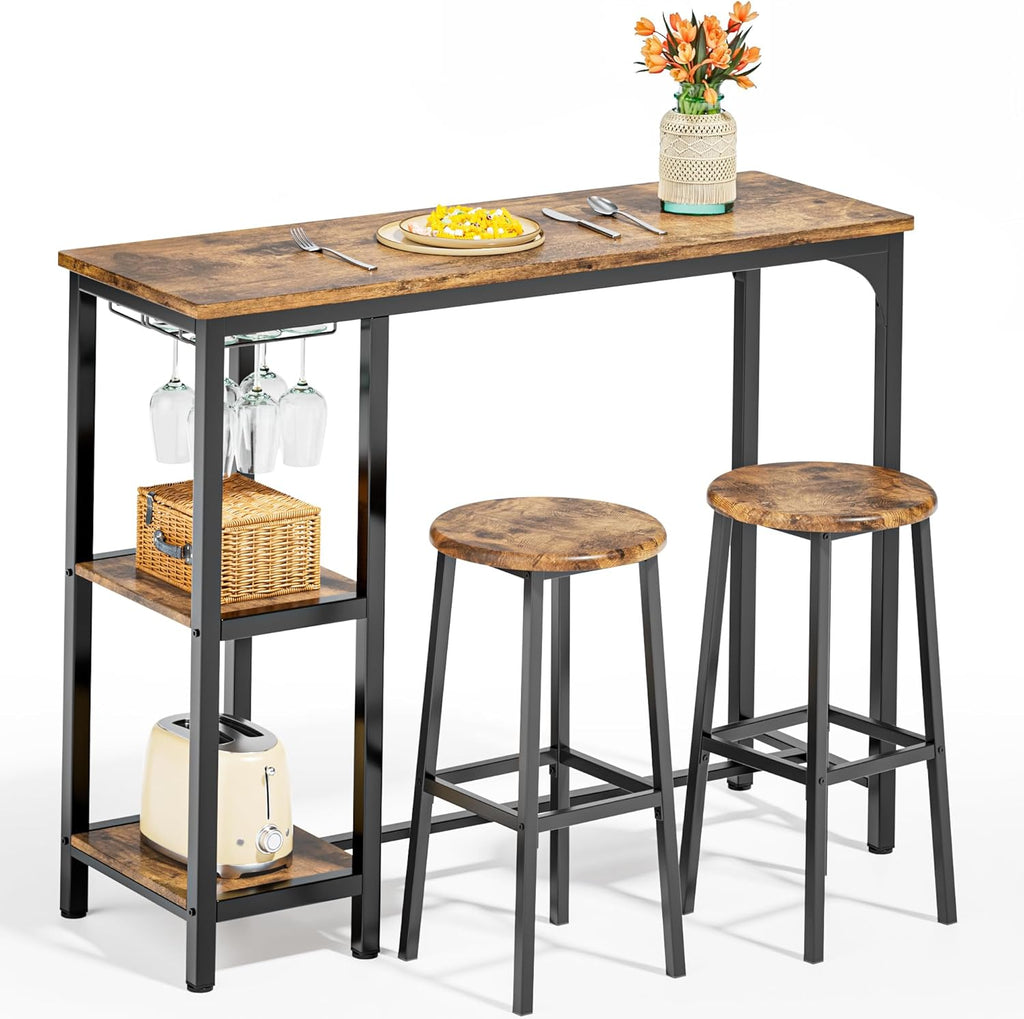 Qsun 3-Piece Bar Table Set for 2 | Bar Height Table with Stools & 2 Storage Shelves, Small Bar Table Set with Glass Rack, Small Kitchen Table for Dining Room