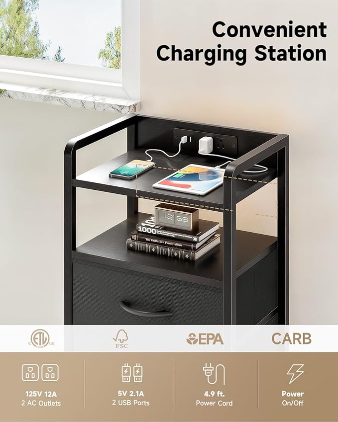 Night Stand Bedside Charger Bedroom - Nightstand with Charging Station & LED Light Strip, Night Stand with Storage Shelf & 2 Fabric Drawers, Morden End Table with U-S-B Ports & AC Outlets