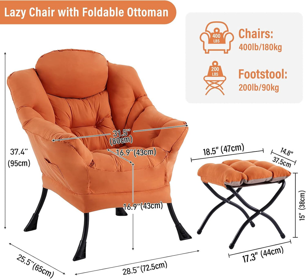 Furlide Lazy Chair with Ottoman, Soft Comfy Chair for Bedroom, Orange