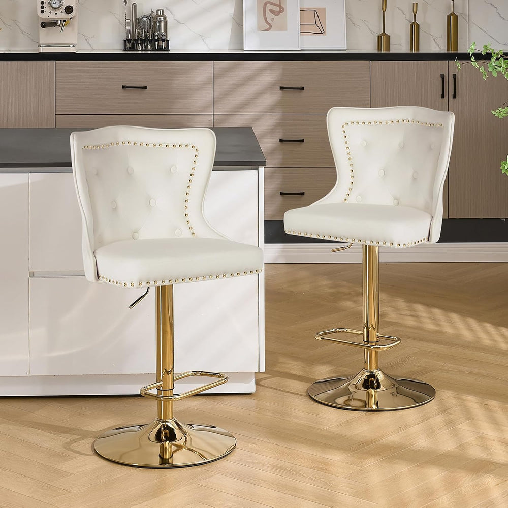 Velvet Swivel Bar Stools Set of 2, Adjustable Bar Height Chairs with Lion Pul...