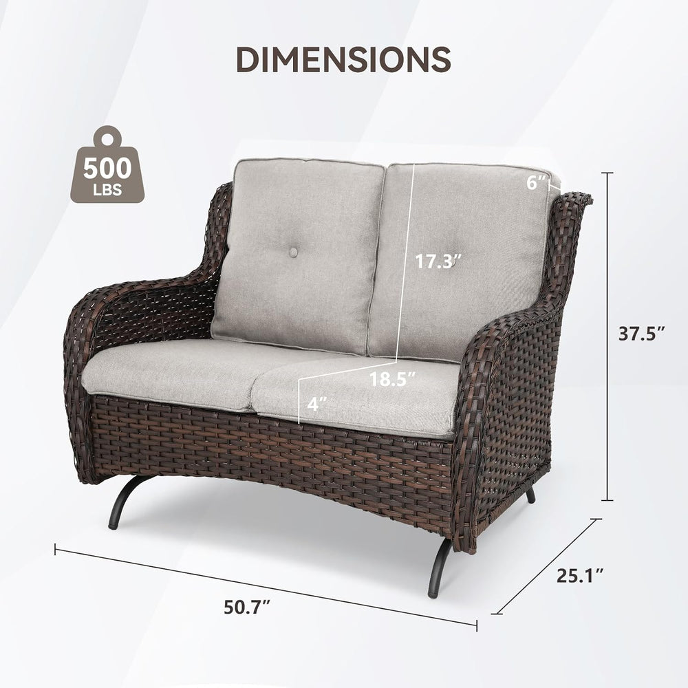 Patio Loveseat Wicker Loveseat Rattan Glider Sofa with Curved Armrest Thickin...