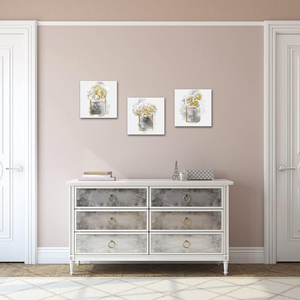 HOMEOART Gold Grey Bathroom Decor Pictures Flower Prints 12x12inchx3Pieces