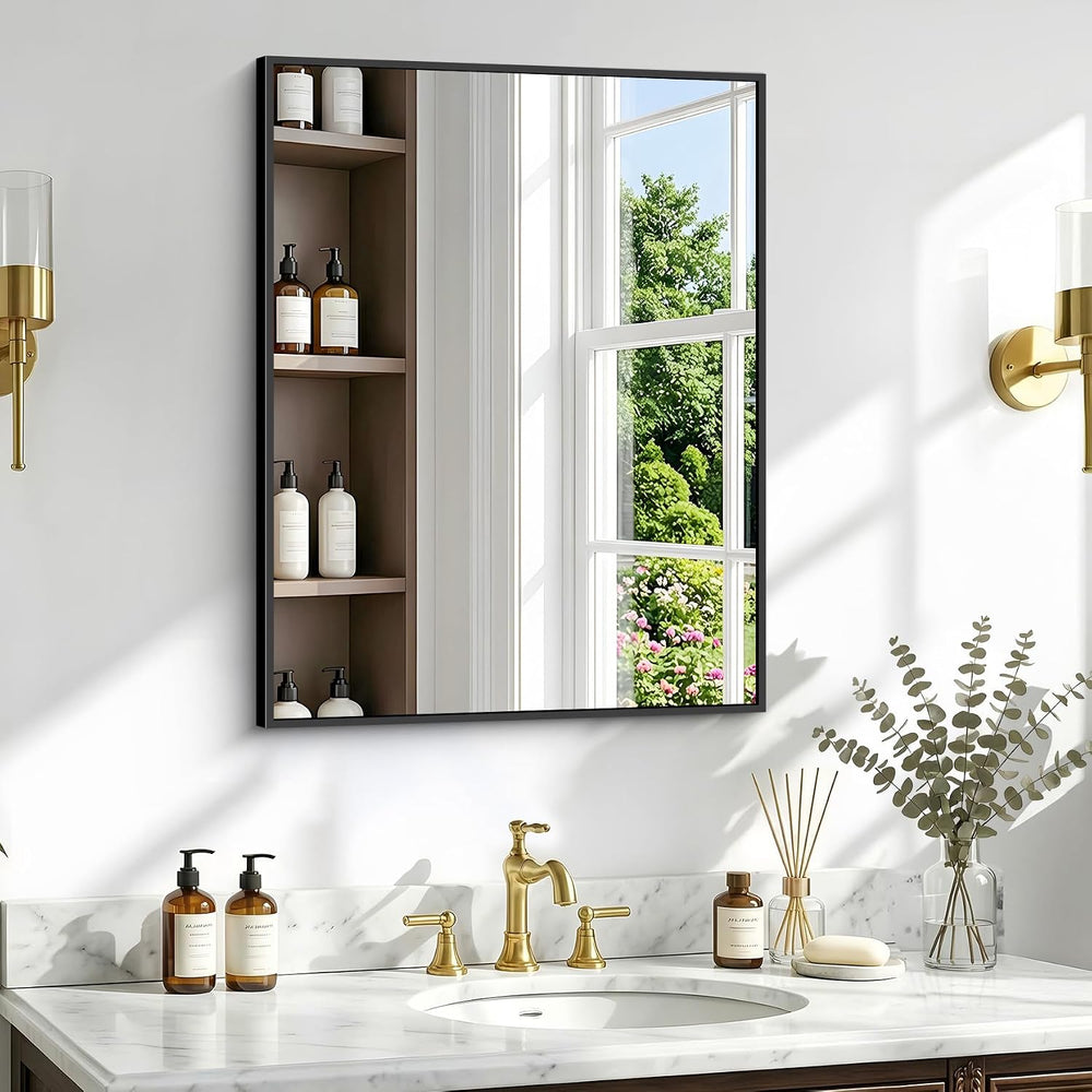 Bathroom Mirror, 30 x 24 inch Metal Framed Black Rectangle Mirror for Wall