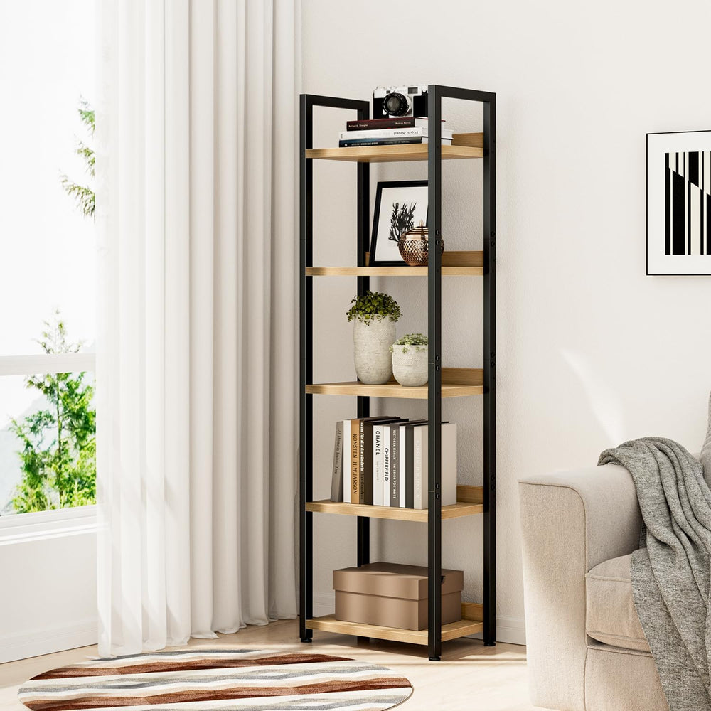 NUMENN Narrow Bookshelf, 5 Tier Freestanding Shelving Unit, Natural