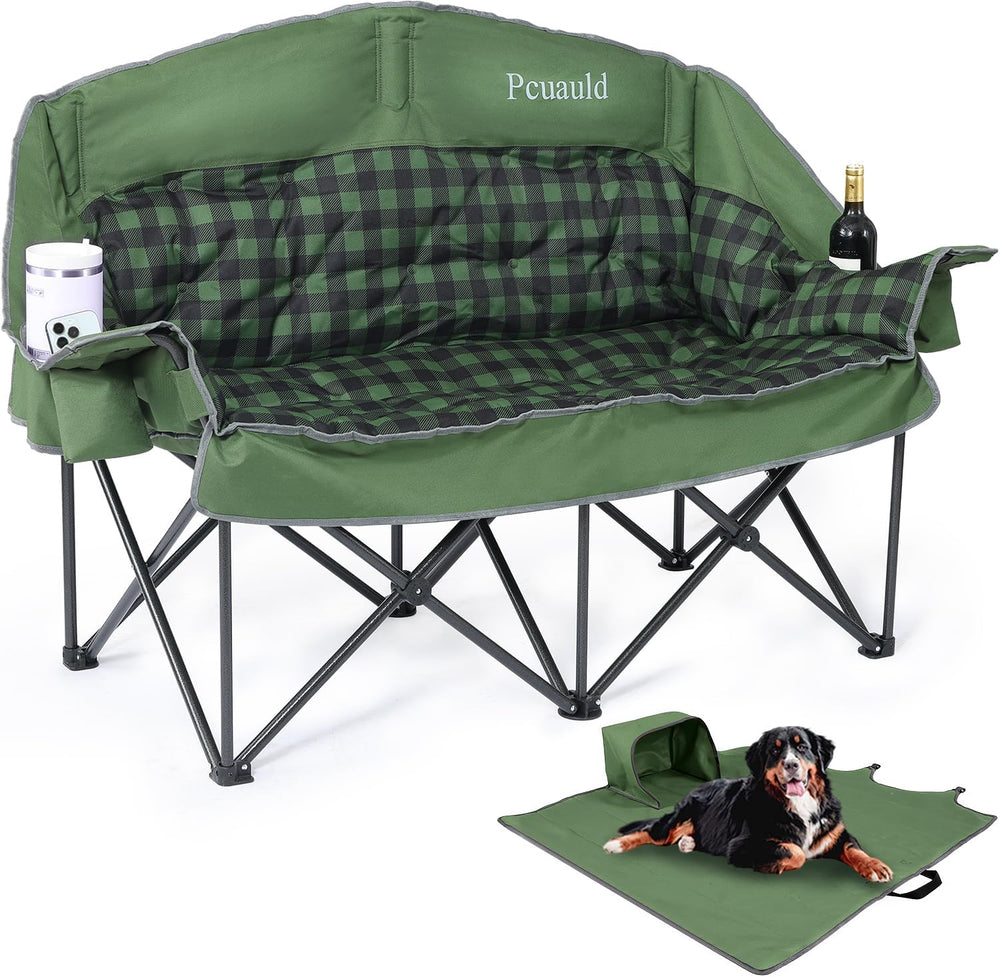 Padded Double Camping Chair Loveseat Oversized Camping Couch, Green