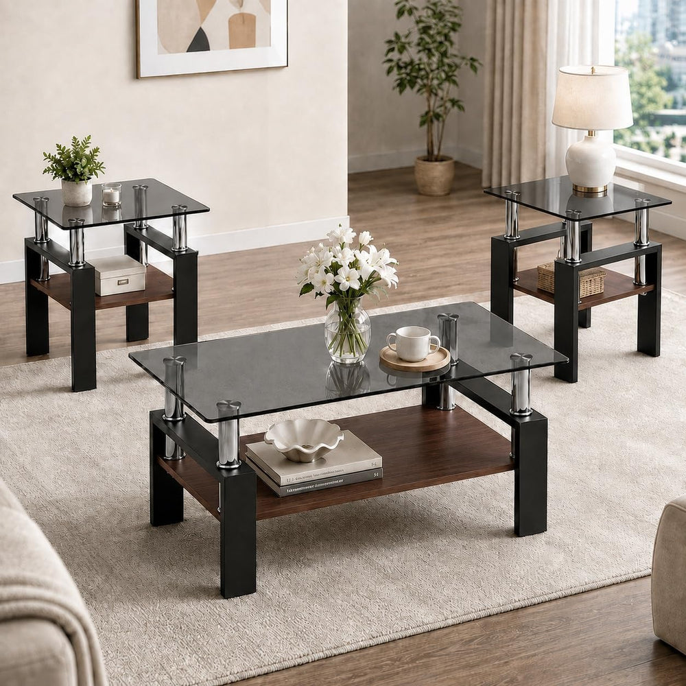 3-Piece Coffee Table Set, Glass Coffee Table & 2 End Tables, Black