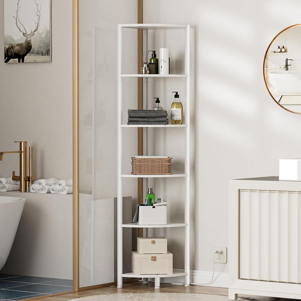 Furnulem 6 Tier Corner Shelf with LED Light, 67.5" White Narrow Bookshelf