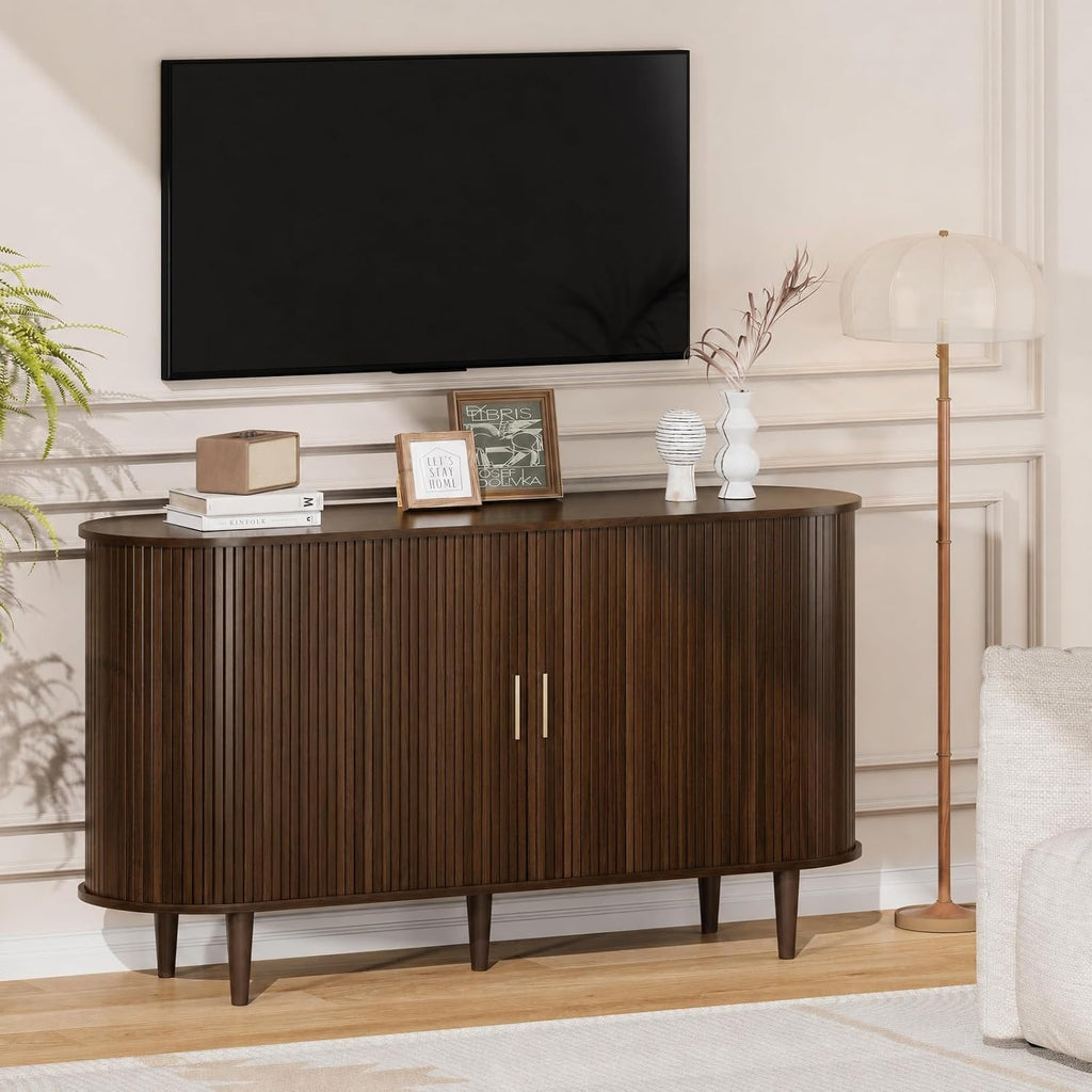 DHH Sideboard Buffet Cabinet with Storage,Mid Century Modern Fluted Accent Coffee Bar Console Table,Tambour Sliding Doors& Adjustable Shelf for Kitchen, Living Room, Entryway(Walnut,55 Inch)