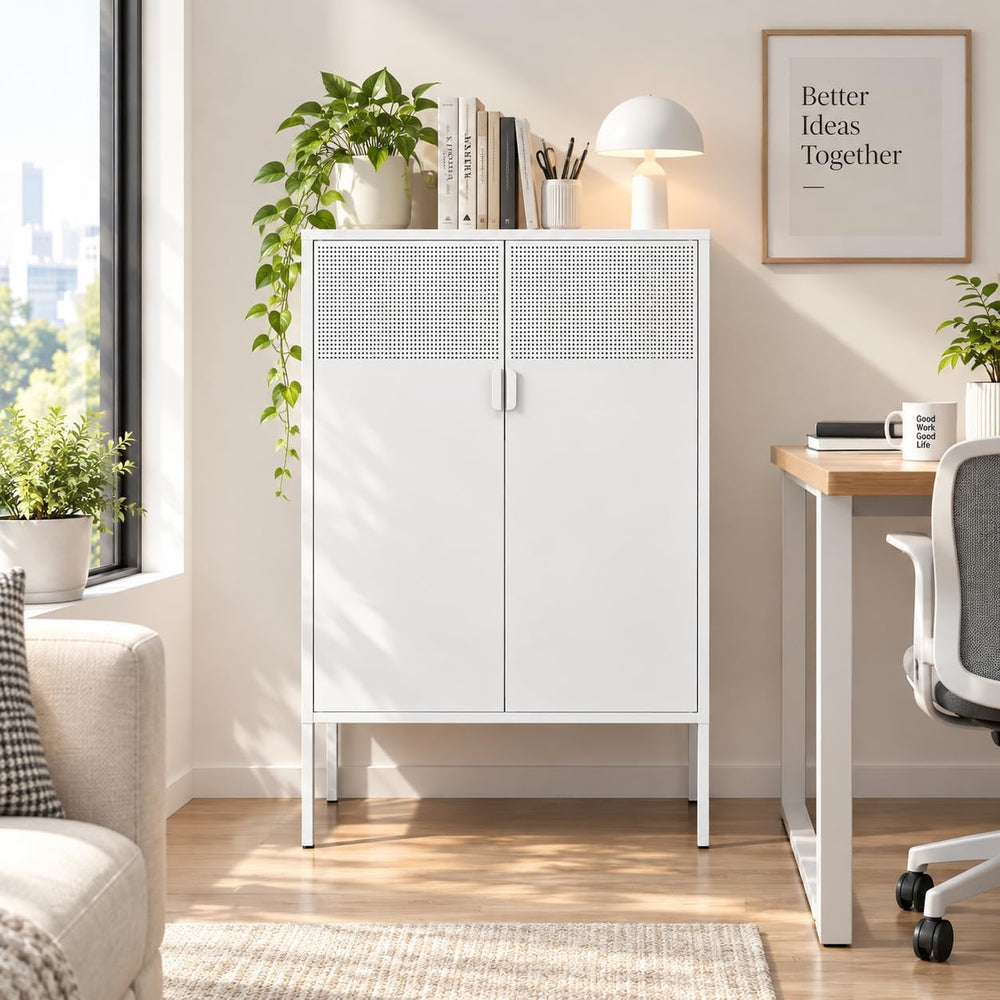 White Metal Storage Cabinet with 2 Doors, 47''H Locker Cabinet